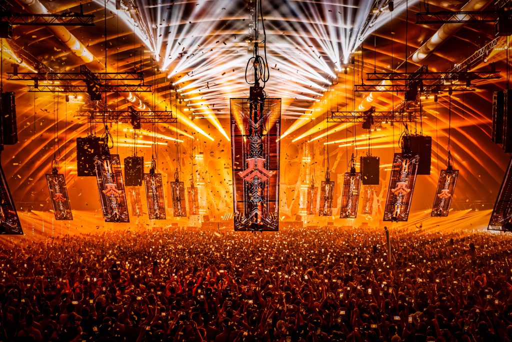 Q Dance Defqon 1 2024 Biddinghuizen Walibi NL Blue indoor stage main warrior tribe power gods hardstyle festival Backbone international Production People light audio rigging