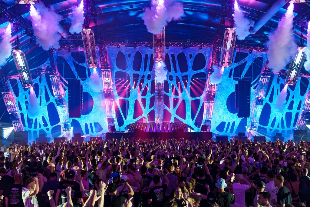 Q Dance Defqon 1 2024 Biddinghuizen Walibi NL Blue indoor stage main warrior tribe power gods hardstyle festival Backbone international Production People light audio rigging