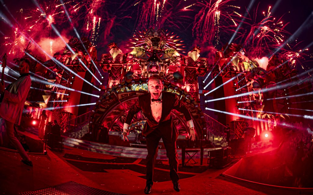 Q Dance Defqon 1 2024 Biddinghuizen Walibi NL Red stage main warrior tribe power gods hardstyle festival Backbone international Production People light audio rigging SEFA