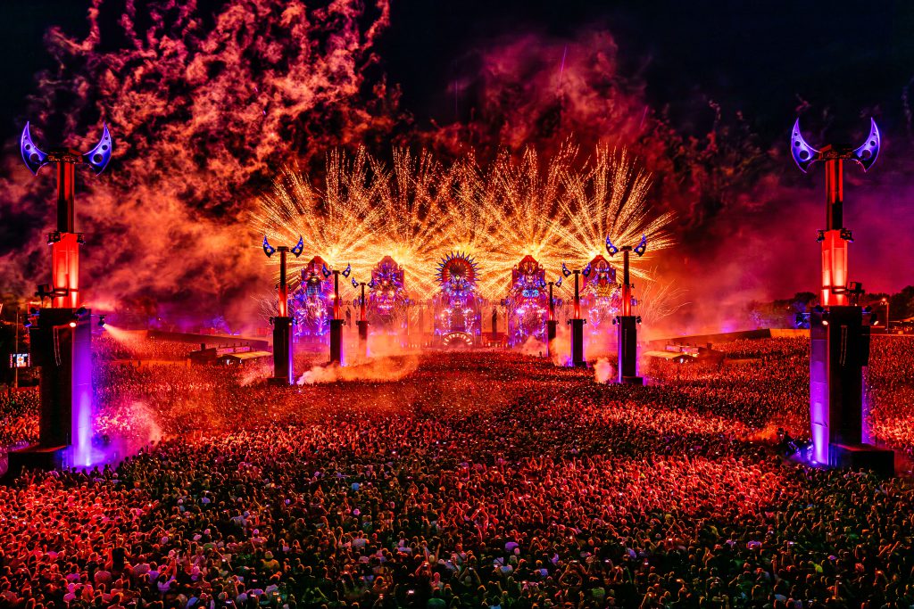 Q Dance Defqon 1 2024 Biddinghuizen Walibi NL Red stage main warrior tribe power gods hardstyle festival Backbone international Production People light audio rigging