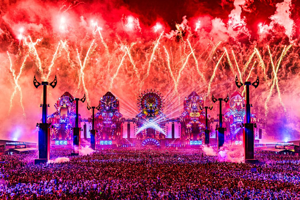 Q Dance Defqon 1 2024 Biddinghuizen Walibi NL Red stage main warrior tribe power gods hardstyle festival Backbone international Production People light audio rigging