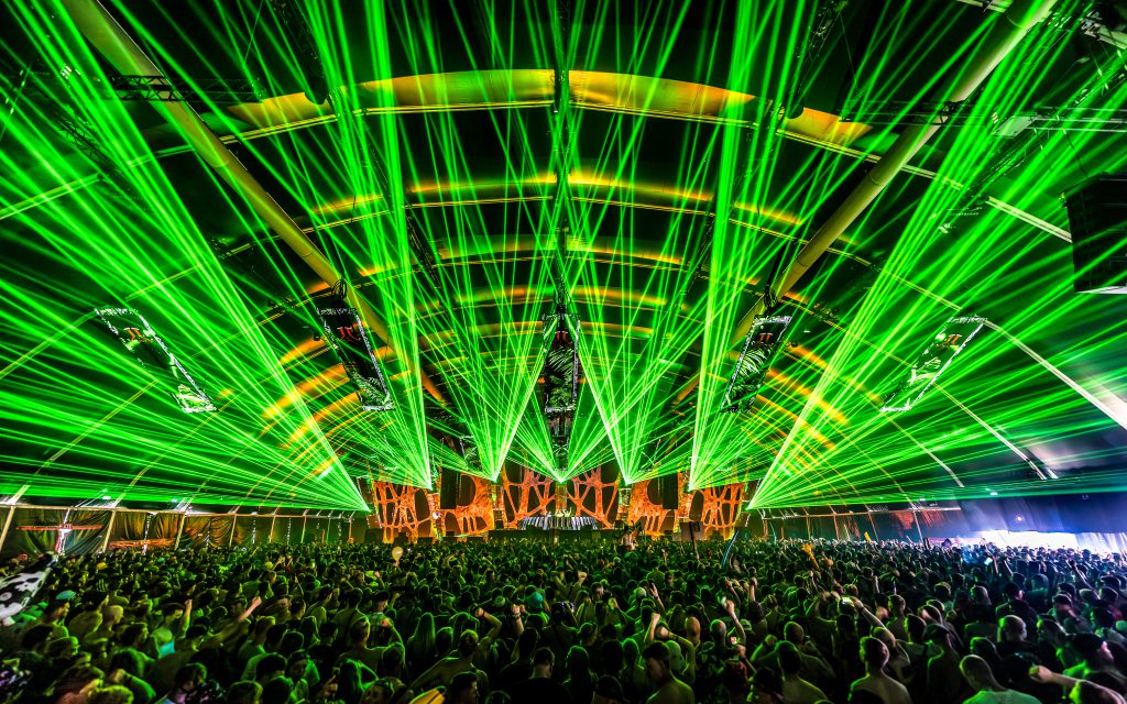 Q Dance Defqon 1 2024 Biddinghuizen Walibi NL Blue indoor stage main warrior tribe power gods hardstyle festival Backbone international Production People light audio rigging