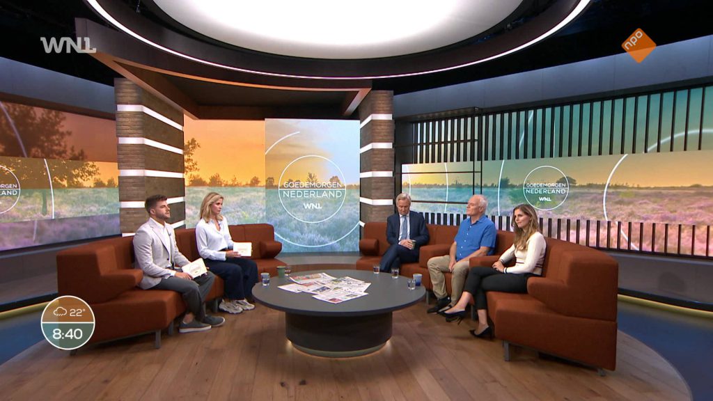 Goedemorgen Nederland 2024 TV daily morning show NPO 1 omroep WNL NL new studio Welmoed Sijtsma, Frank van Leeuwen en Lisette Wellens, lights by Production People